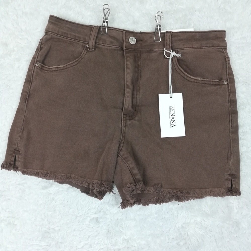 Zenana Womens Shorts Fray Hem Brown Denim Mid Rise M New